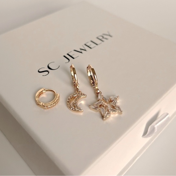 Star Moon Hoop Earrings Trio Earrings 18k Gold Plated Luxury Jewelry - Picture 3 of 9